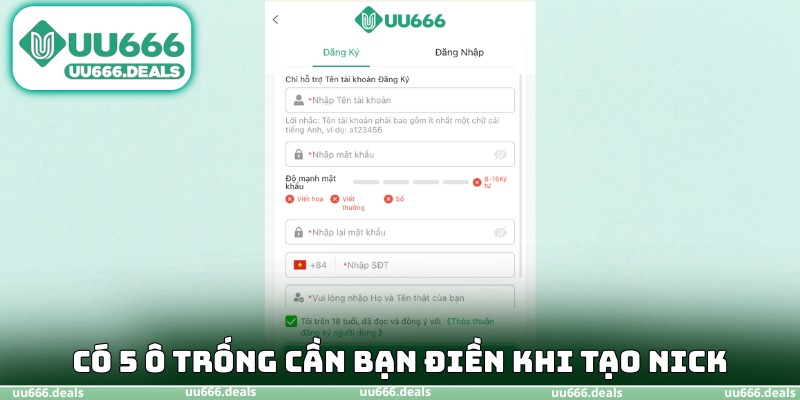 Có 5 ô trống cần bạn điền khi tạo nick